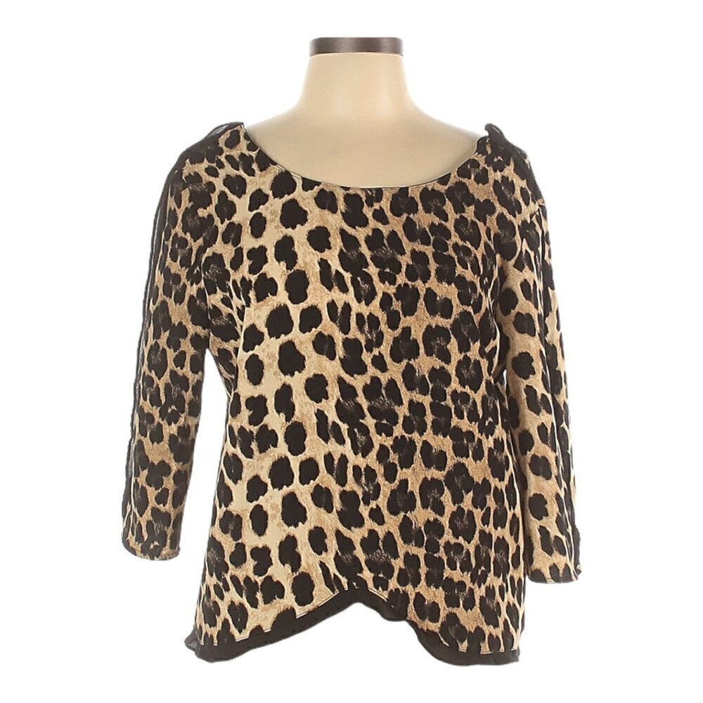 🌺 Zara Basic Black Ruffle Trim Leopard 3/4 Blouse Size L